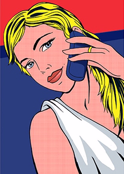Pop-Art Vorlage Frau telefoniert im Lichtenstein-Stil mit kräftigen Farben