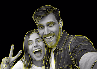 Pop-Art-Paar macht Selfie mit Victory-Zeichen in Neon-Linien-Stil