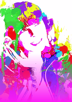 Pop-Art Vorlage eine Frau mit bunten Farbspritzern im Hochformat