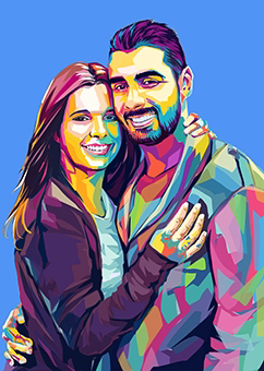 Pop-Art Paar umarmt sich innig vor blauem Hintergrund im WPAP-Stil