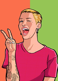 Pop-Art Vorlage eine Person mit Peace-Zeichen und Tattoos auf farbigem Hintergrund