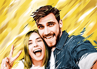 Pop-Art Paar Selfie mit Peace-Zeichen auf gelbem Pinselstrich-Hintergrund