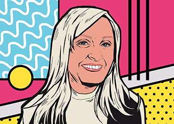 Pop-Art-Porträt einer Frau im 80er-Jahre-Stil mit pinkem Hintergrund