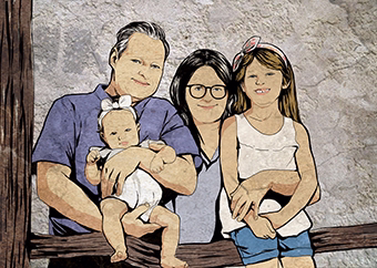 Pop-Art Familienbild mit Eltern und zwei Kindern vor Holzzaun