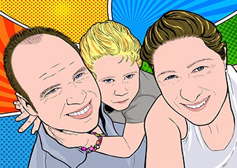 Pop-Art Familienbild mit zwei Erwachsenen und Kind im Lichtenstein-Stil