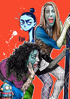 Pop-Art-Collage drei Personen als Zombies Halloween-Kostüme roter Hintergrund
