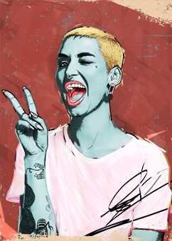 Pop-Art Porträt einer Person mit Peace-Zeichen und Tattoos auf rotem Hintergrund