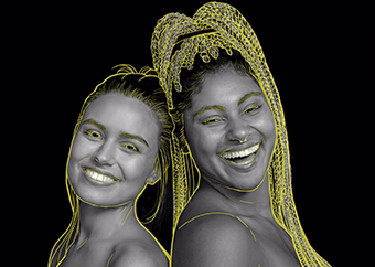 Zwei Frauen als Pop-Art-Vorlage mit gelben Konturlinien auf schwarzem Hintergrund
