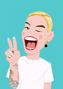 Pop-Art Karikatur einer Person mit Peace-Zeichen und Tattoos auf türkisem Hintergrund