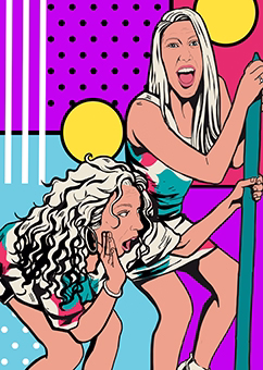 Zwei Frauen feiern ausgelassen im 80er-Jahre Pop-Art-Stil mit buntem Hintergrund