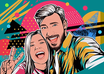 Pop-Art Paar Selfie im 80er-Jahre Stil mit buntem Hintergrund