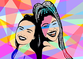 Zwei Freundinnen als buntes Pop-Art-Duo vor geometrischem Farbhintergrund