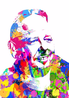 Pop-Art-Porträt eines Mannes mit bunten Farbspritzern auf weißem Hintergrund