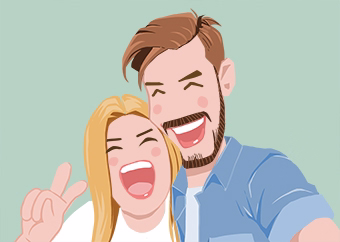 Pop-Art Paar macht Selfie mit Peace-Zeichen auf mintgrünem Hintergrund