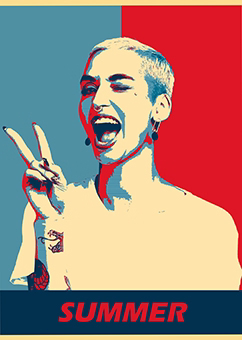 Pop-Art Poster im Shepard-Stil mit Victory-Zeichen und Schriftzug SUMMER