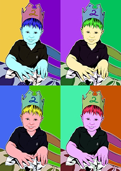Pop-Art Collage kleiner Junge mit Geburtstagskrone und Zahl 2 beim Geschenke auspacken