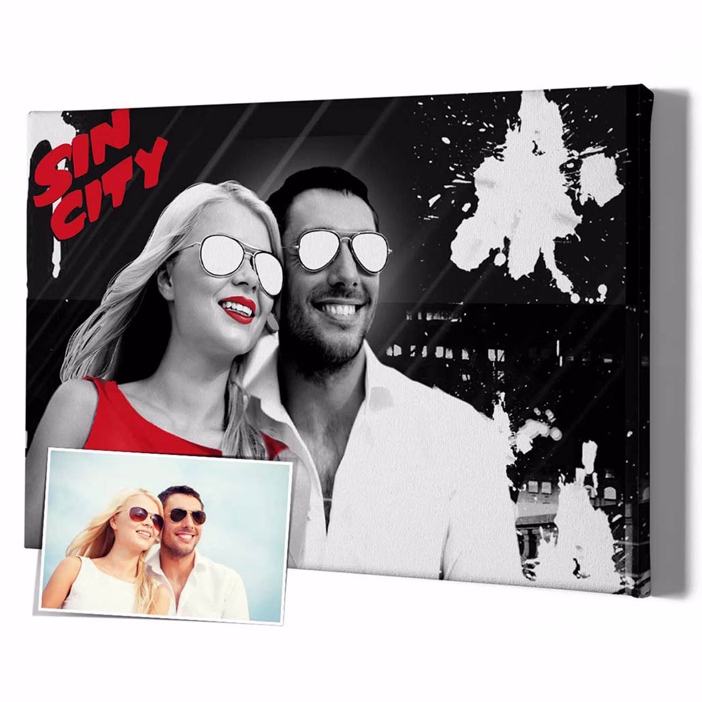 Personalisiertes Paar-Poster im Sin City Stil auf Leinwand mit rotem Schriftzug