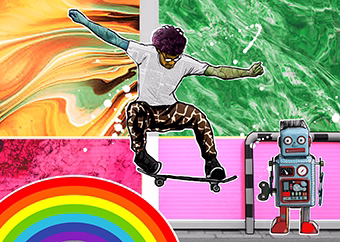 Pop-Art-Collage mit skatendem Mann, Roboter und Regenbogen in knalligen Farben