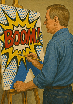 Mann malt Pop-Art-Bild mit BOOM-Schriftzug auf Leinwand