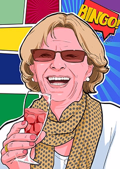 Pop-Art Porträt einer Frau mit Sektglas und Bingo-Schriftzug im Lichtenstein-Stil