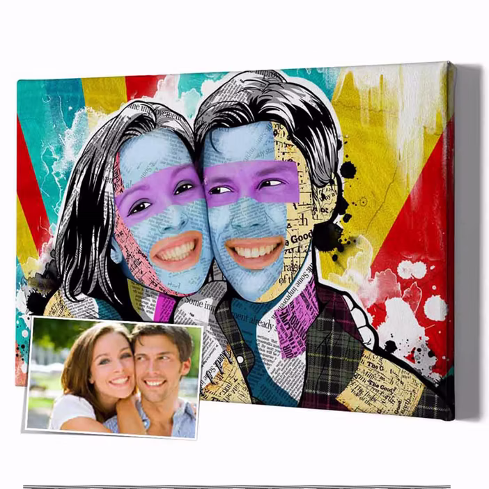 Personalisiertes Pop-Art-Paar-Porträt im Zeitungscollage-Stil auf Leinwand