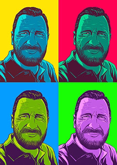 Pop-Art-Porträt eines Mannes im Vierfach-Raster mit knalligen Retro-Farben