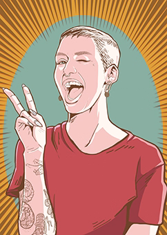 Pop-Art Illustration einer Person im roten T-Shirt mit Peace-Zeichen vor Sonnenstrahlen-Hintergrund
