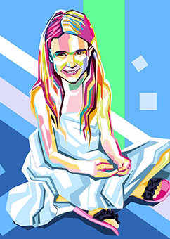 Pop-Art-Porträt eines Mädchens sitzend in weißem Kleid mit buntem WPAP-Stil