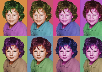 Pop-Art-Collage eines Kindes in acht bunten Farbvarianten im Warhol-Stil