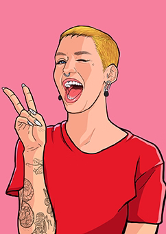 Pop-Art Illustration einer Person im roten T-Shirt mit Peace-Zeichen auf rosa Hintergrund