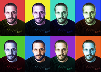 Pop-Art-Porträt einer Person in acht bunten Feldern im Warhol-Stil