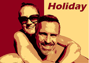 Pop-Art-Vorlage Paar im Urlaub mit Sonnenbrille und Schriftzug Holiday