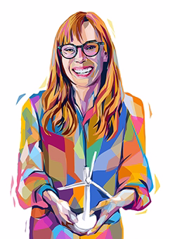 Pop-Art Frau hält Windrad-Modell im bunten WPAP-Cartoon-Stil