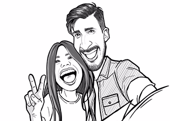 Paar macht Selfie mit Peace-Zeichen im schwarz-weißen Comic-Stil
