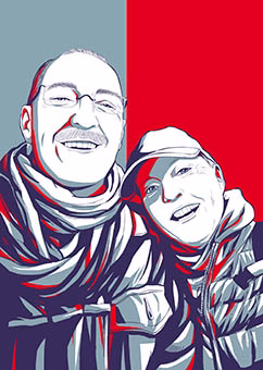 Pop-Art Paar in Winterjacken und Schals, grafischer Rot-Grau-Stil