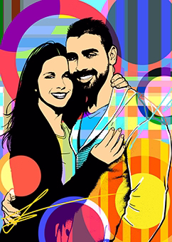 Pop-Art Paar umarmt sich innig vor buntem Kreise-Hintergrund
