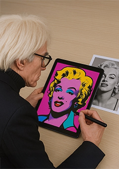Künstler zeichnet digitales Pop-Art-Porträt auf Tablet nach klassischer Vorlage