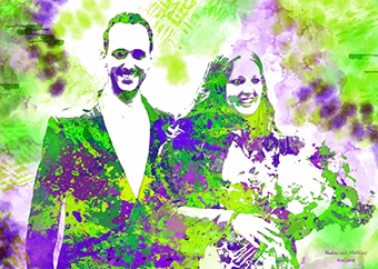 Pop-Art Hochzeitspaar in leuchtendem Grün und Lila als personalisiertes Geschenk