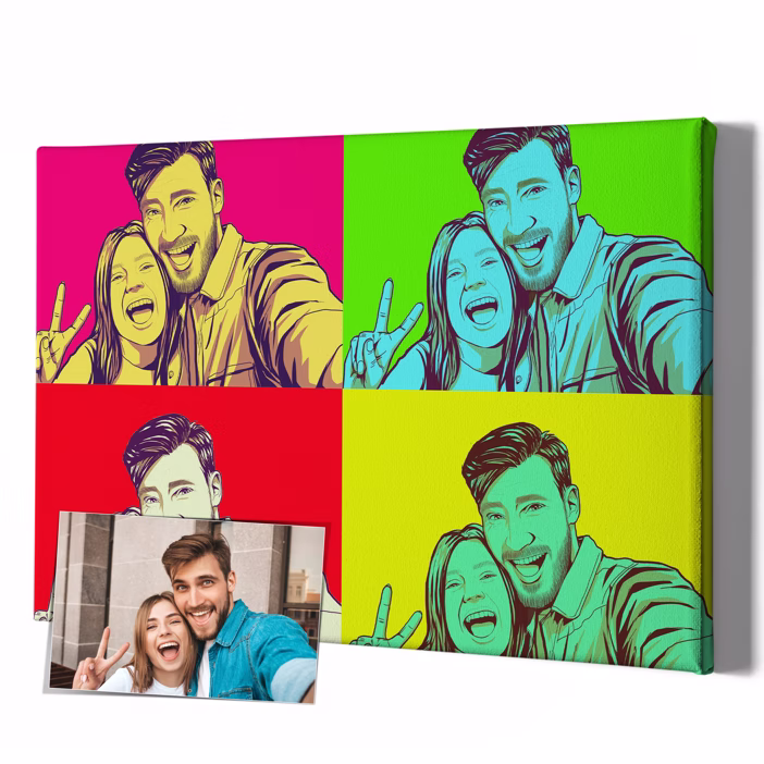 Pop-Art Leinwand mit Paar-Selfie in vier leuchtenden Neonfarben als personalisiertes Geschenk