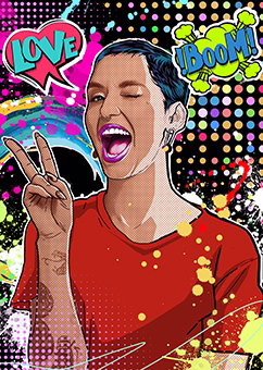 Pop-Art Vorlage Frau Victory-Zeichen rotes Shirt mit LOVE und BOOM Schriftzug