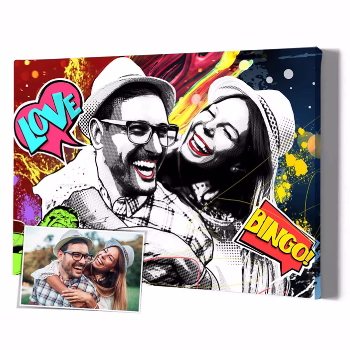 Pop-Art Leinwand mit verliebtem Paar, LOVE-Schriftzug und buntem Comic-Hintergrund