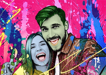 Pop-Art Paar Selfie mit bunten Farbspritzern auf pinkem Hintergrund