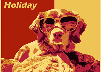 Pop-Art Hund mit Sonnenbrille im Shepard-Stil gelb-rot Holiday-Motiv