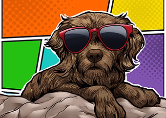 Hund mit roter Sonnenbrille im Pop-Art-Stil vor buntem Halbton-Hintergrund