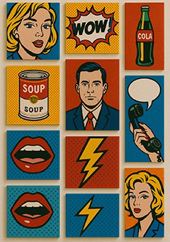 Collage verschiedener Pop-Art-Panels mit zwei Personen, Symbolen und Comic-Elementen