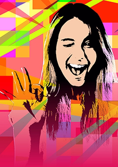 Pop-Art-Vorlage Frau mit Peace-Zeichen auf buntem Hintergrund