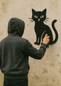 Person in Hoodie sprüht schwarze Katze im Banksy-Stil an Betonwand