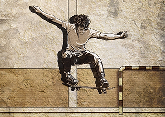 Pop-Art Skateboarder führt spektakulären Trick an einer Halfpipe aus