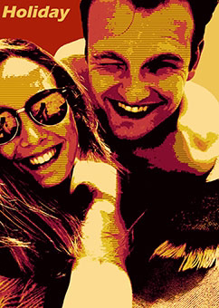Pop-Art Paar im Urlaub Selfie Shepard-Stil warm gelb rot