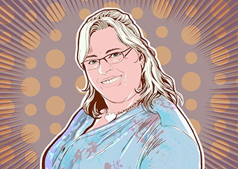 Pop-Art-Porträt einer Frau mit Brille vor goldenem Punkte-Hintergrund